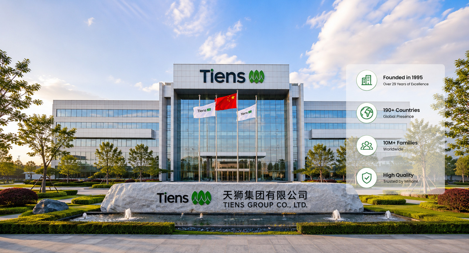 Tiens Group headquarters building showcasing the company’s global presence and corporate history.